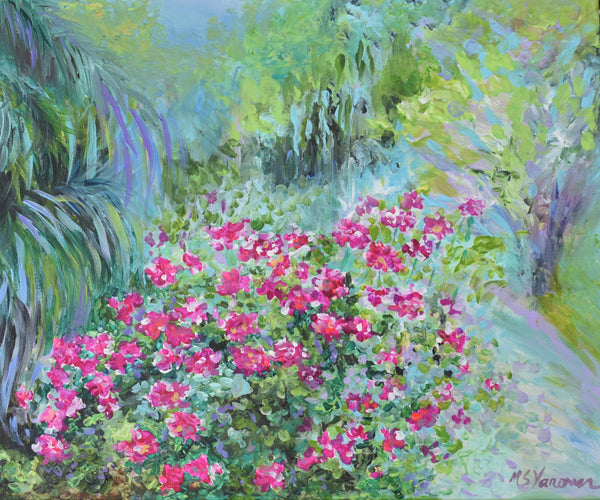 Pink Roses and Palms in the Garden