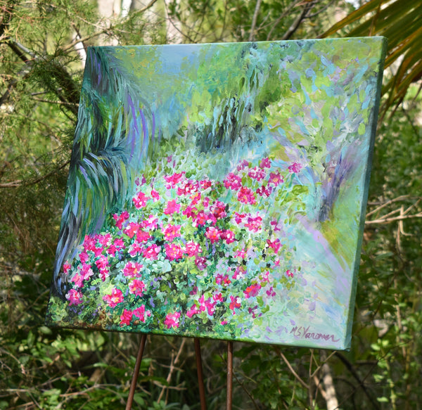 Pink Roses and Palms in the Garden